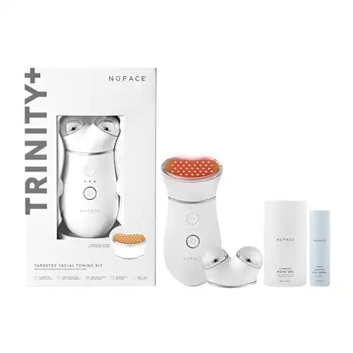 NuFACE TRINITY+ LED Red Light Therapy + Microcurrent Facial Device for Fine Lines and Deep Wrinkles - Amber, Red & Infrared Light Skin Tightening Device with Gel Activator, Silk Crème & Brush