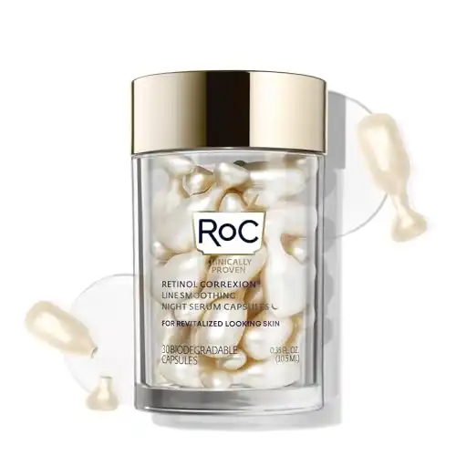 RoC Retinol Correxion Anti-Aging Wrinkle Night Serum, Daily Line Smoothing Skin Care, Fine Line & Post-Acne Scars Treatment, Stocking Stuffers for Men & Women, 30 Capsules, Unscented, 0.35 Fl ...