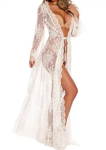 BUTTZO Women Sexy Long Lace Dress Sheer Gown See Through Lingerie Kimono Robe (White, One Size)
