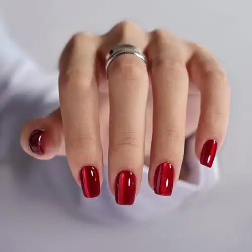 BTArtbox Press On Nails Red - Valentine Cat Eye Press On Nails Square for Gifts,Cherry Short Stick On Nails with Glue, Glossy Reusable Nail Tips in 15 Sizes - 30 Soft Gel Fake Nails Kit, Hot Love