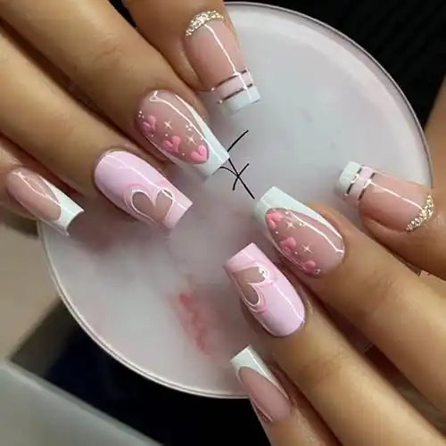 Valentines Day Press on Nails Medium Coffin French Cute Fake Nails with Fashion Heart Design Rhinestones Full Cover Valentine Acrylic Glue Artificial Press Stick ons Nail for Women 24PCS