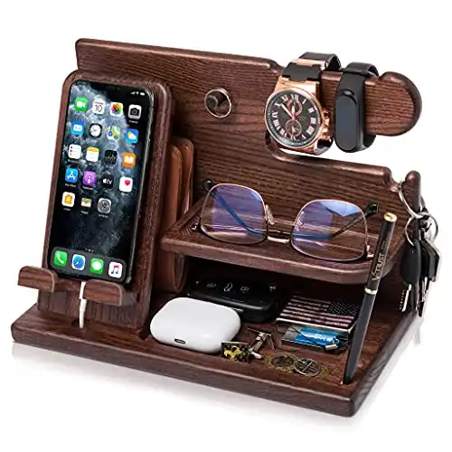 TESLYAR Wood Phone Docking Station for Men - Desk or Nightstand Organizer - Birthday Gifts for Husband, Dad - Anniversary Idea from Wife - Key Holder, Stand Wallet, Watch & Essentials (Bourbon Bro...