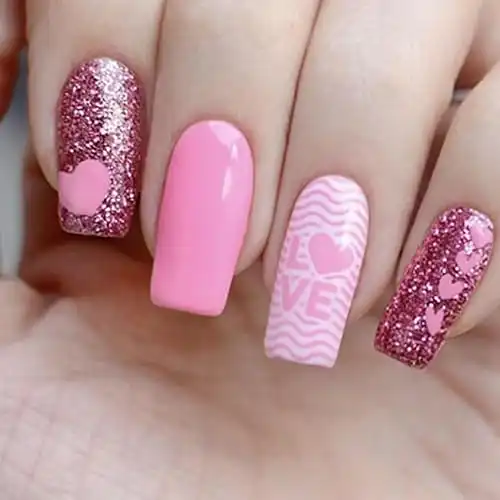 Glitter Valentine's Day Press on Nails Square Glitter Heart Fake Nails with Pink Love Heart Designs False Nails Full Cover Glossy Stick on Nails for Women Girls Valentines Nails Decoration 24Pc