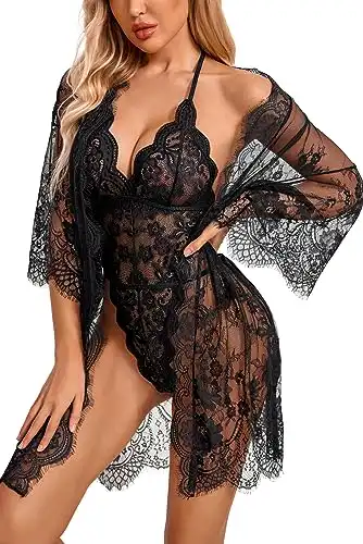 Avidlove Women Sexy Bridal Lingerie Set 2 Piece Lace Robe With Sheer Teddy Babydoll Bodysuit