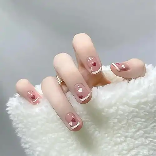Press on Nails Short Square White French Tip False Nails Full Cover Fake Nails with Red Heart Designs Glossy Glue on Nails Valentines Day Acrylic Nails for Women Girls