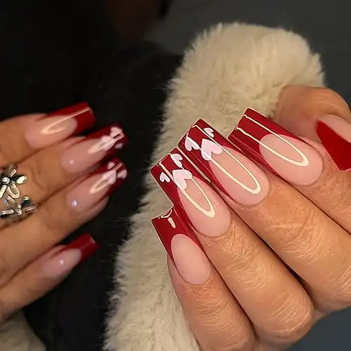 Yivaiks Red French Tip Press on Nails Medium Coffin Valentines Day Fake Nails With Designs Heart Acrylic Nails Press ons Full Cover Artificial Stick on Nails for Women Girls 24pcs