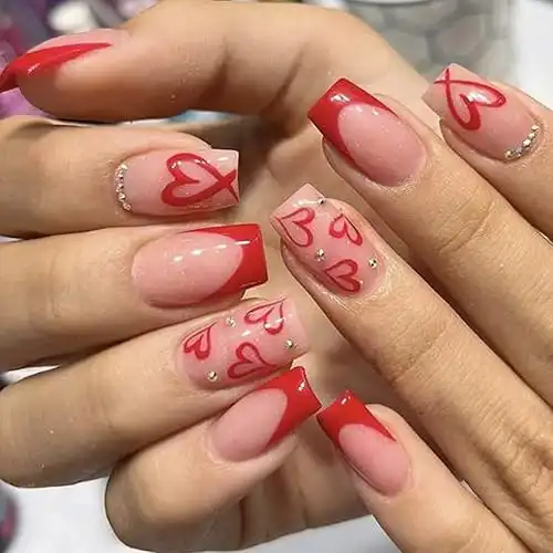 Square Press on Nails Medium -French Tip Press on Nails Red Heart Deign,Glossy Pink Fake Nails with Rhinestone Design,Reusable Artificial False Nails with Glue on Nails Valentine's Day for Women ...