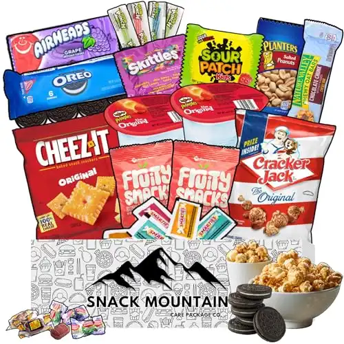 Snack Mountain Care Package 25 Count, Movie Night Basket Gift Set, Snack Care Package for Teens & Adults, Candy Basket, Birthday Snack Gift Box, Game Night Snacks, Care Packages for College Studen...