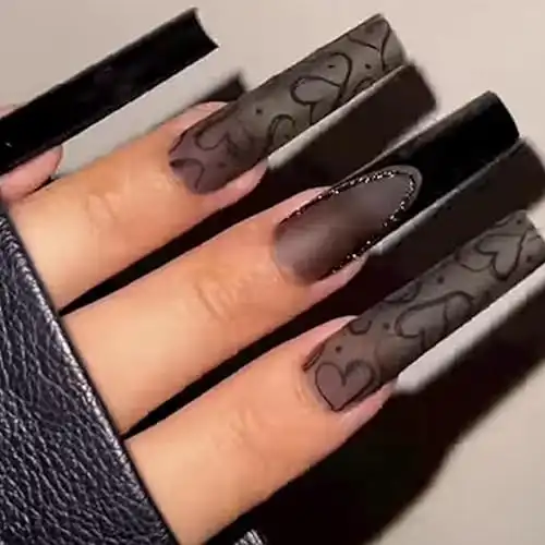 Black Valentine s Day Press on Nails Long Square Fake Nails French Tip False Nails with Heart Designs Acrylic Nails Press ons Full Cover Glue on Nails Valentine s Day Stick on Nails for Women