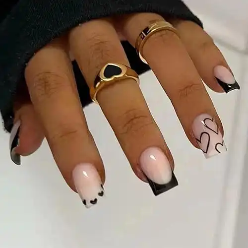 French Tip Press on Nails Short Square Fake Nails Black Acrylic Nails with White Heart Design Stick on Nails Artificial Full Cover Glossy Glue on Nails for Women Girls Valentine's Day Manicure 24...