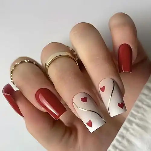 Red Love Heart Valentine's Day Press on Nails Medium Gold Stripe Design Glossy Acrylic Nails Full Cover Square Stick on Nails Holiday Fake Nails Medium Glue on Nails for Women 24Pcs