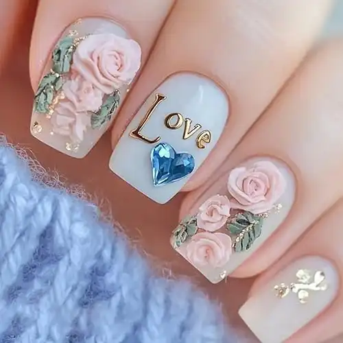 24Pcs Valentines Day Press on Nails Short Square Fake Nails Romantic Love with Blue Heart Rhinestones Full Cover Glue on Nails Artificial Rose False Nails Stick on Nails for Women Girls Acrylic Nails