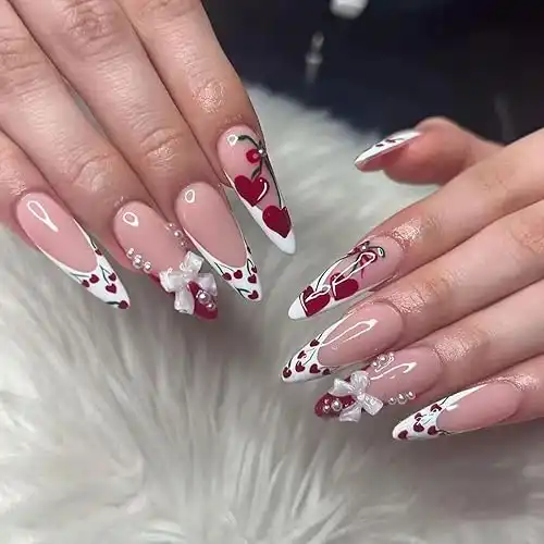 Cherry Heart Valentine's Day Press on Nails Almond 3D Bow Pearl False Nails Full Cover Valentine's Day Nails Press Ons Stick on Nails Glossy Acrylic Coffin Nails 24Pcs French Glue on Nails f...