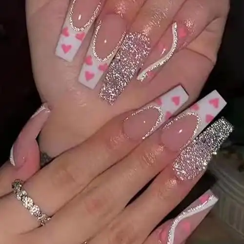 Valentine’s Day Press on Nails Long Coffin Fake Nails with Pink Heart Glitter Designs White French Tip Nails Press ons Cute Acrylic Nails Valentines False Nails Stick on Nails for Women 24Pcs