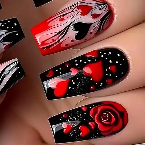 24Pcs Valentine's Day Press on Nails Medium Long Square Fake Nails with Red Rose Love Heart Design Black French Tips Acrylic Coffin Nails False Nails Black Full Cover Stick on Nails for Women