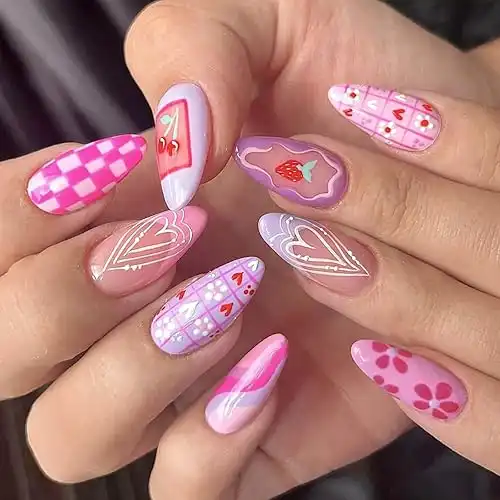 Valentine S Day Press On Nails Almond False Nails With Checkerboard Heart Designs Valentines Fake Nails Acrylic Nails Press Ons Glossy Glue On Nails Purple Stick On Nails For Women 24pcs