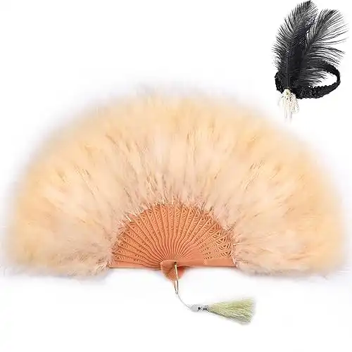 Champagne Feather Fan with Headband - Burlesque Accessories,Burlesque Marabou Feather Fan,Abanicos De Mano Para Fiesta for Clothing Accessories and Wedding Decorations(Champagne)