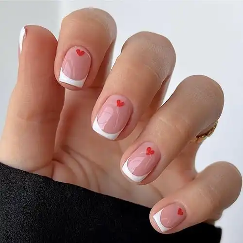Valentine's Day Press on Nails Short Square White French Tip Fake Nails Pink Acrylic Nails Press ons Heart False Nails Glossy Full Cover Glue on Nails Cute Valentines Stick on Nails for Women 24 ...
