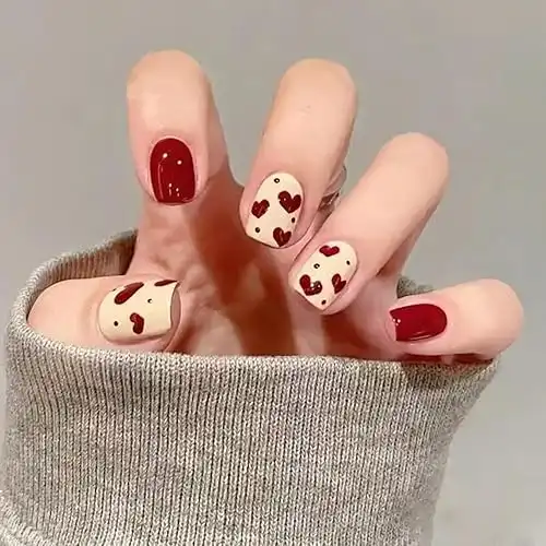24 Pcs Heart Press on Nails Short Square Fake Nails Full Cover Heart Love False Nails Red Heart Designs Valentine's Day Stick on Nails Glue on Nails for Women and Girls Acrylic Nails