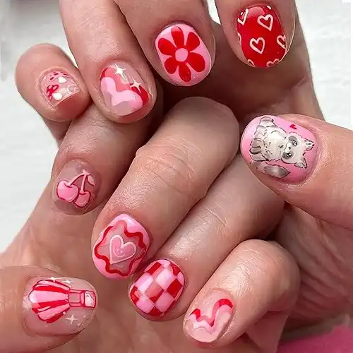 Valentines Nails Press on Nails Short Oval Fake Nails 24pcs Heart Acrylic Nails Star Flower Heart French Design Valentines Day Nails Full Cover False Nails Stick on Nails for Women and Girls