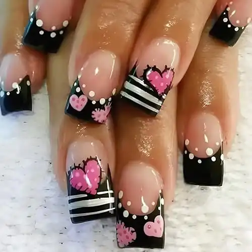 Valentine's Day Press on Nails Medium Love Patch Nails Polka Dots Black Stripes French Glossy Heart Nails Square Valentines False Nails Cute Stick on Nails Short Nails for Women 24Pcs Manicure Fr...