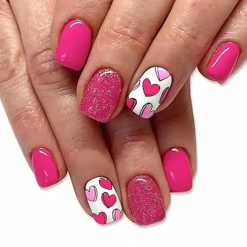 Valentines Press on Nails Heart Fake Nails Short Square False Nails Cute Design Stick on Nails Gloss Acrylic Nails Full Cover Glitter Glue on Nails Valentines Day Artificial Nails for Women, 24Pcs
