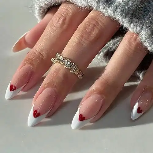 Valentine's Day Press on Nails French Tip Fake Nails Almond False Nails with White Tip Red Heart Designs Nude Pink Glue on Nails Heart Stick on Nails Acrylic Nails Full Cover Glossy Artificial Na...