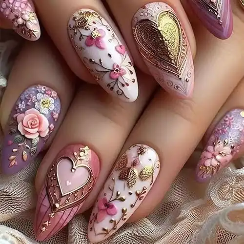 Valentine Press on Nails Medium Length Fake Nails Almond Fake Nails with Glue Heart Rose Glue on Nails Full Cover Lovely Romantic Style False Nails for Women Nail Decoration 24 Pcs