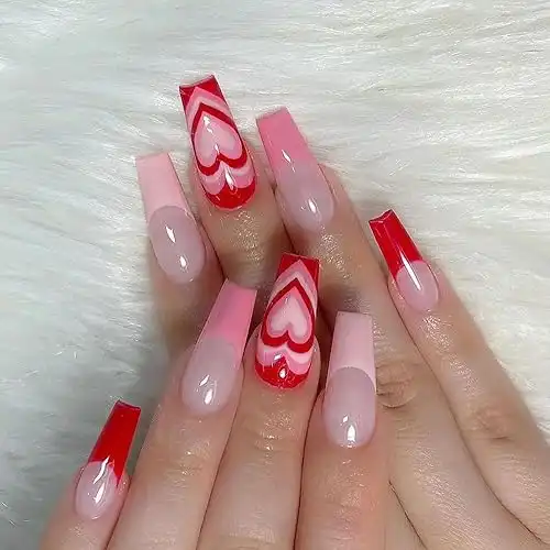 MISUD Valentine's Day Press on Nails Long Coffin Fake Nails Red Pink French Tip Acrylic Nails Glossy Glue on Nails Ballerina Artificial Nails Love Heart Stick on False Nails with Design 24 pcs