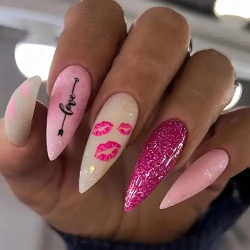 Valentine's Day Press on Nails Long Almond Pink Fake Nails Love Kiss Glitter Acrylic Full Cover False Nails Set, Natural Perfectly Reusable Stick on Nails Suitable for Women Girls
