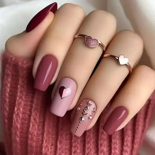 Valentine's Day Press on Nails Medium Coffin Fake Nails with Heart Rhinestones Designs Pink Nails Press ons Red Acrylic Nails Valentines Stick on Nails for Women 24 pcs