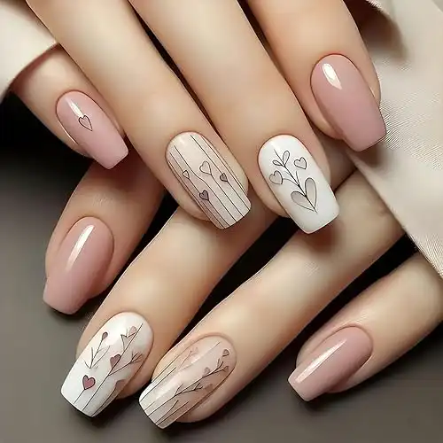 Valentine’s Day Press on Nails Medium Square Fake Nails With Love Heart Balloon Designs Valentines False Nails Light Pink Stick on Nails Acrylic Romantic Artificial Nails for Women 24 Pcs