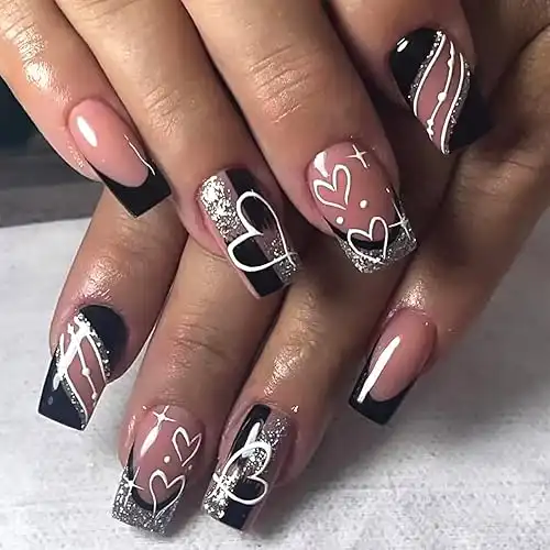 24Pcs French Tip Press on Nails Medium Square Fake Nails White Heart with Black Silver Glitter Nail Tips Design Nude Full Cover Glue on Nails Romantic Valentine's Day Artificial Nails for Women D...