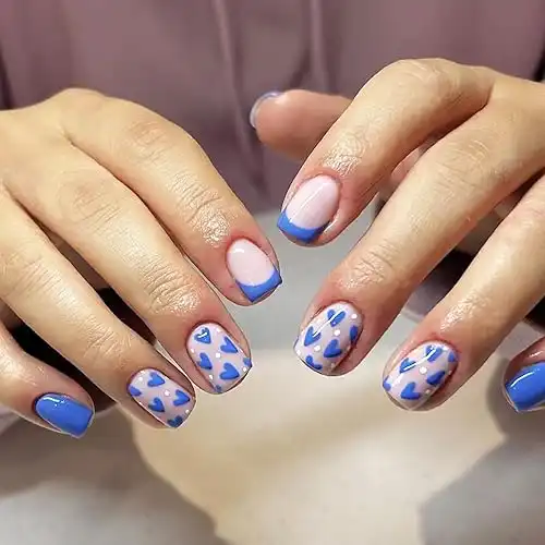 Valentine's Day Press on Nails Short Square Fake Nails with Love Heart Curve French Design Blue Acrylic False Nails Artificial Glossy Glue on Nails Full Cover Stick on Nails for Women & Girls...