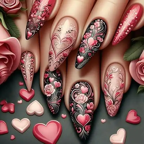 24 Pcs Valentine s Day Press on Nails Long Almond False Nails Valentine s Day Fake Nails with Glue Heart Nails Press ons Flower Full Cover Artificial Nails Winter Holiday Glue on Nails for Women