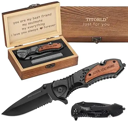 Gifts for Him Husband Men Valentines Day, Anniversary Birthday Gifts ideas for Boyfriend, Engraved Pocket Knife, Wooden Handle Folding Knife with Wood Box, Unique Outdoor Camping Hunting Fishing Tool