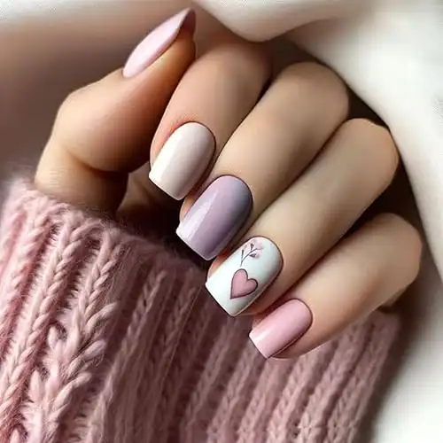 24Pcs Valentine's Day Press on Nails Medium Fake Nails Heart Acrylic Nails Pink Purple False Nails Square Artificial Nails Full Cover Stick on Nails Glossy Glue on Nails for Women Manicure Decora...