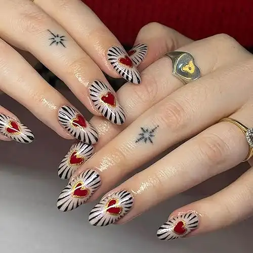 24 Pcs Almond Press on Nails Valentines Day Red Heart Fake Nails Medium Full Cover False Nails with Glitter Design Stiletto Nail Tips Glossy Acrylic Glue on Nails Valentines Stick on Nails for Women