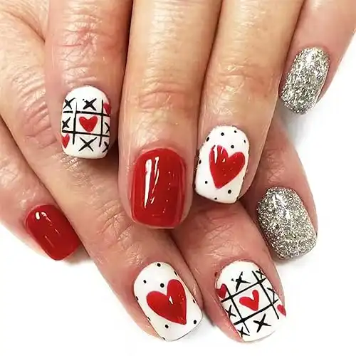24Pcs Valentine s Day Press on Nails Red Heart & Tic Tac Toe Design Silver Glitter Acrylic Nails Valentines Day Glossy False Nails Glossy Stick on Nails for Women Valentines Day Nail Art Decor