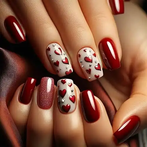 24Pcs Valentines Day Red Heart Press on Nails Short Square Fake Nails with Rhinestones Glossy Designs Artificial Valentines Nails Decoration Full Cover Glue on Nails for Women Acrylic Manicure Salon