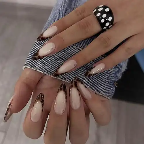 Valentine's Day Medium Length Press on Nails Almond Shaped Fake Nails with French Tip Leopard Design Acrylic Glossy False Nails Artificial Glue on Nails Full Cover Stick on Nails for Women Girls ...