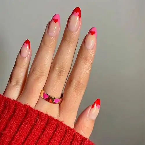 Valentines Day Press on Nails Medium Almond Fake Nails Red French Tip with Heart Design Glossy Acrylic Press Ons Nails Reusable False Nails Full Cover Stick on Nails Artificial for Women 24 Pcs