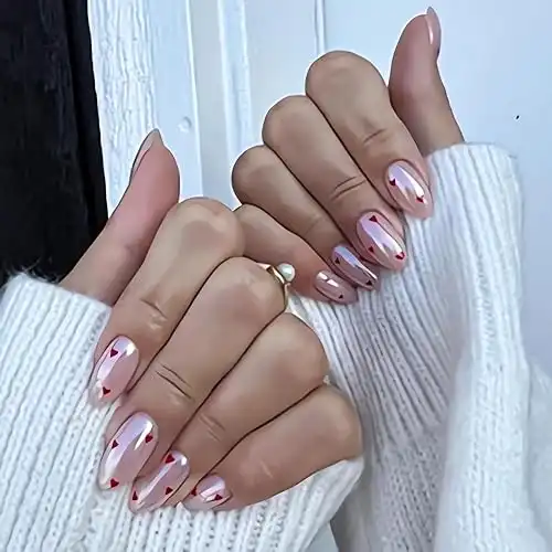 Valentine s Day Press on Nails Medium Almond Fake Nails, LPOODDNU Red Heart Press on Nails Glossy Pink False Nail Tips Full Cover Glue on Nails Cute Valentine Stick on Nails for Women, 24Pcs
