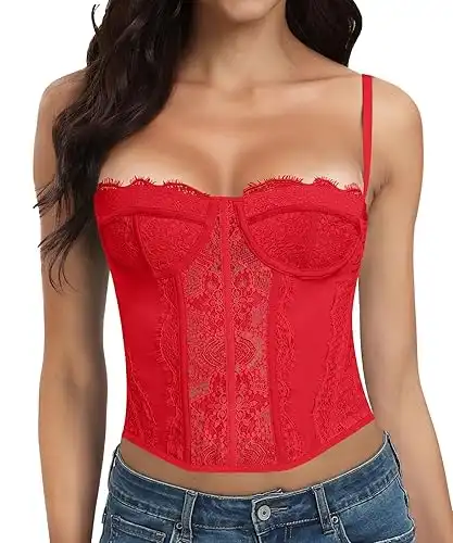 AENLLEY Fashion Lace Bustier Corset Crop Tops for Women with Buckle - Sexy Going Out Top