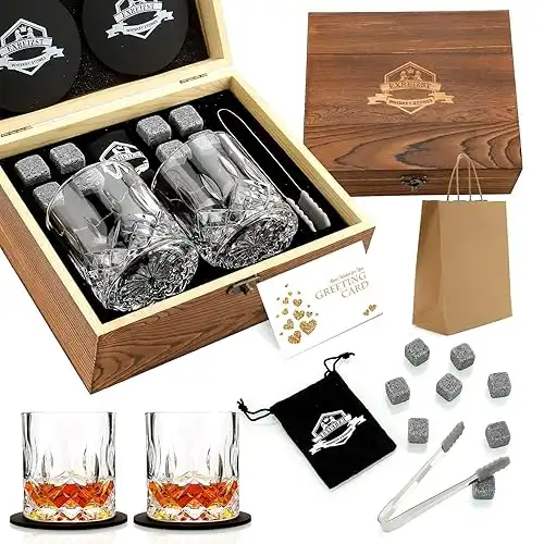 Whiskey Stones Gift Set - Whiskey Glass Set of 2 - Granite Chilling Whiskey Rocks - Scotch Bourbon Box Set -Christmas Birthday Gifts for Men Drinking Gift for Dad Him Husband Party Holiday Present