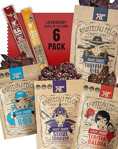 Righteous Beef Jerky Variety Pack Gift Basket - Great Gifts for Men | Gluten Free, High Protein Healthy Snack | Beef, Pork, & Turkey Jerky Variety Snack Pack | Fan Favorites 6 Pack